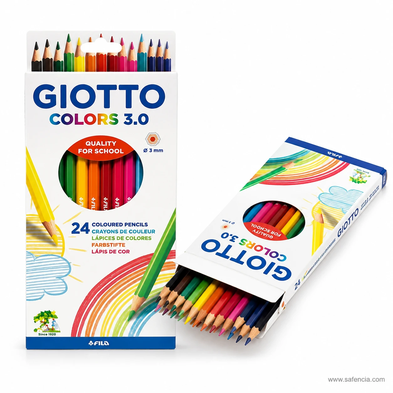 Giotto Colors 3.0 coloured pencils 24 set shown at an angle with the box open and the colour tips visible above