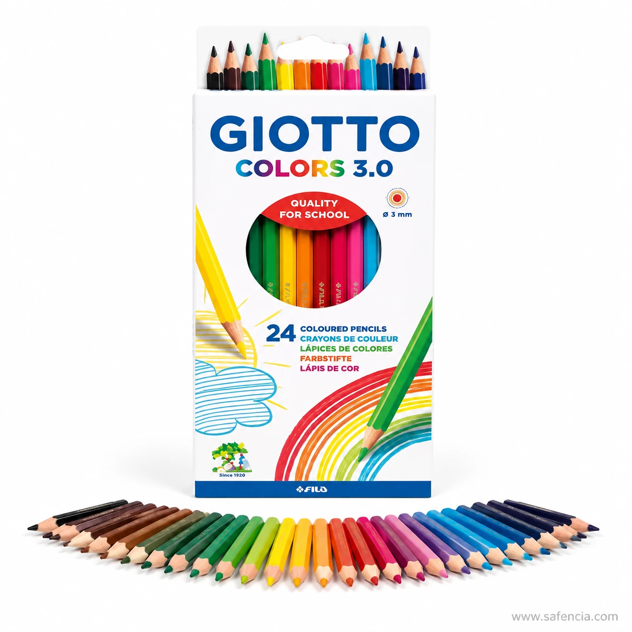 Giotto Colors 3.0 coloured pencils 24 full range curved in a row in front of the upright twenty-four colour box