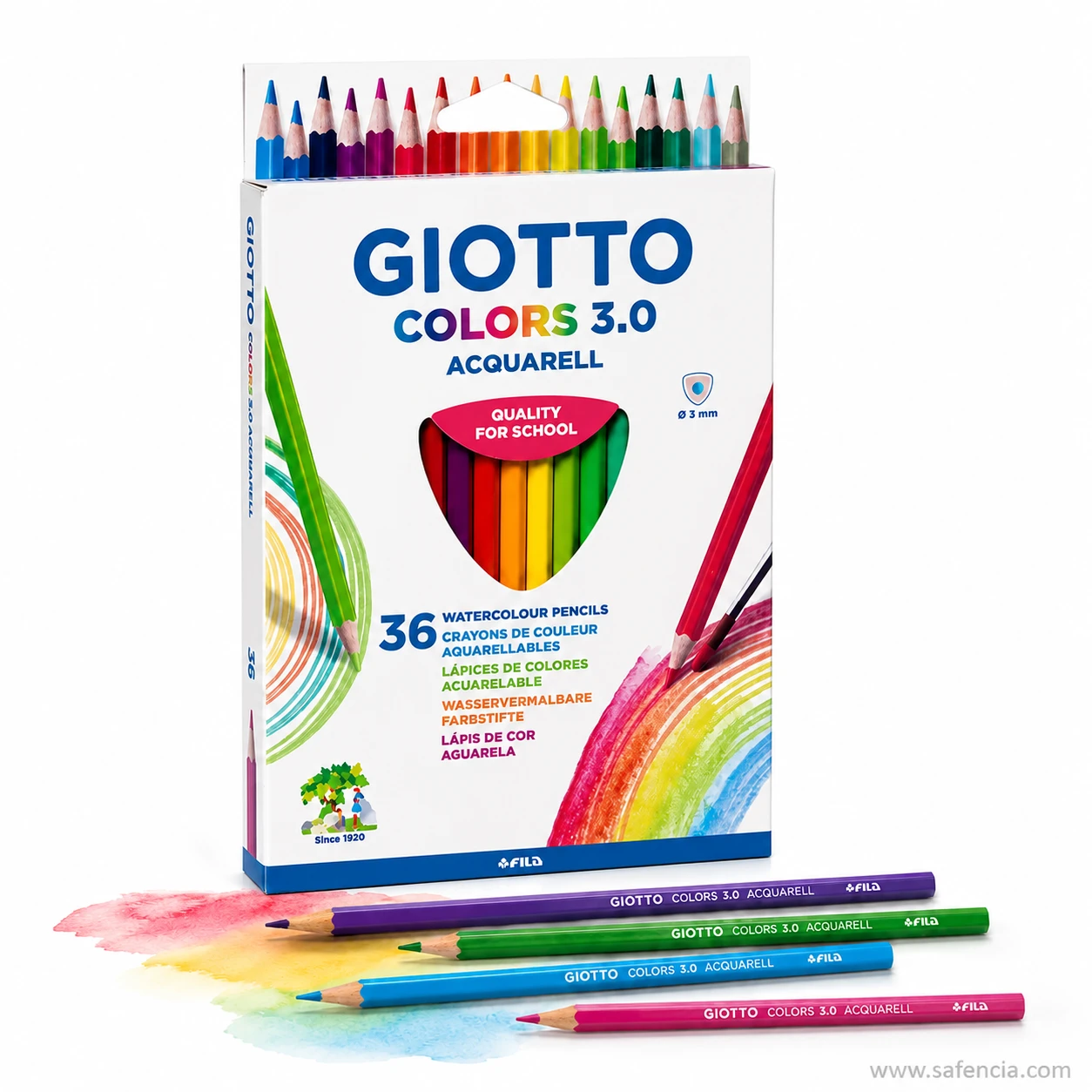 Giotto Colors 3.0 Acquarell box standing behind four triangular pencils marked Giotto Colors 3.0 Acquarell with a watercolour smudge