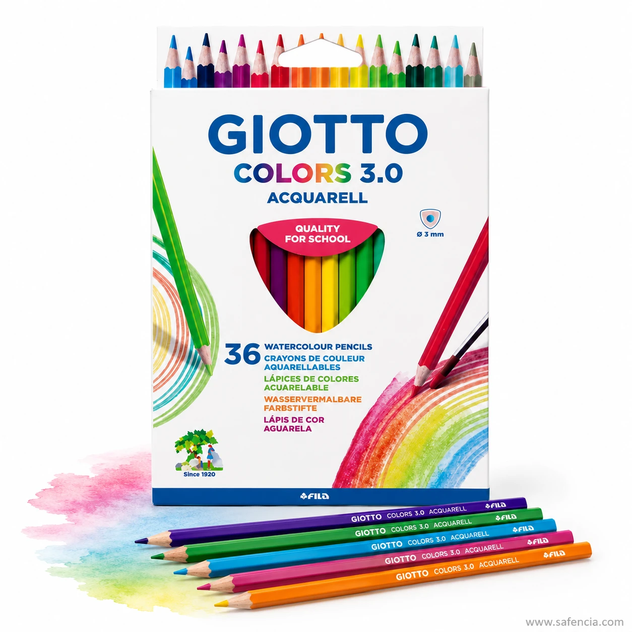 Giotto Colors 3.0 Acquarell watercolour pencils with a painted rainbow arc showing how the coloured lines wash out with water
