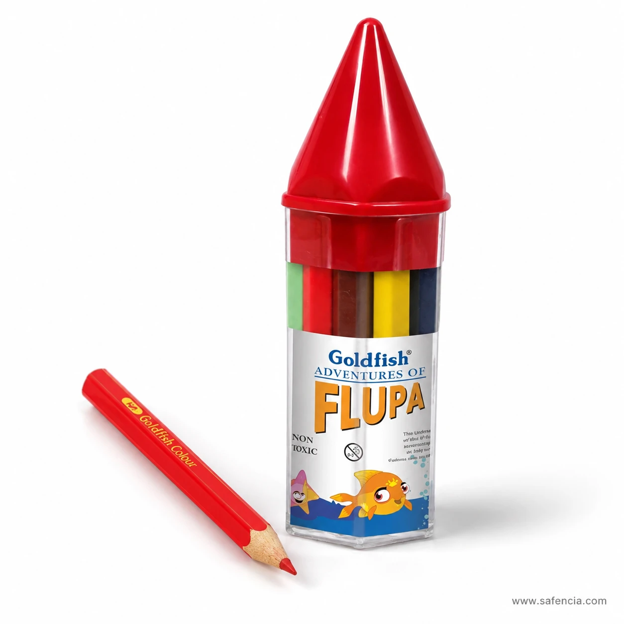 Angled view of the Goldfish Flupa colour pencils tube showing the non toxic label and the colours through the clear body