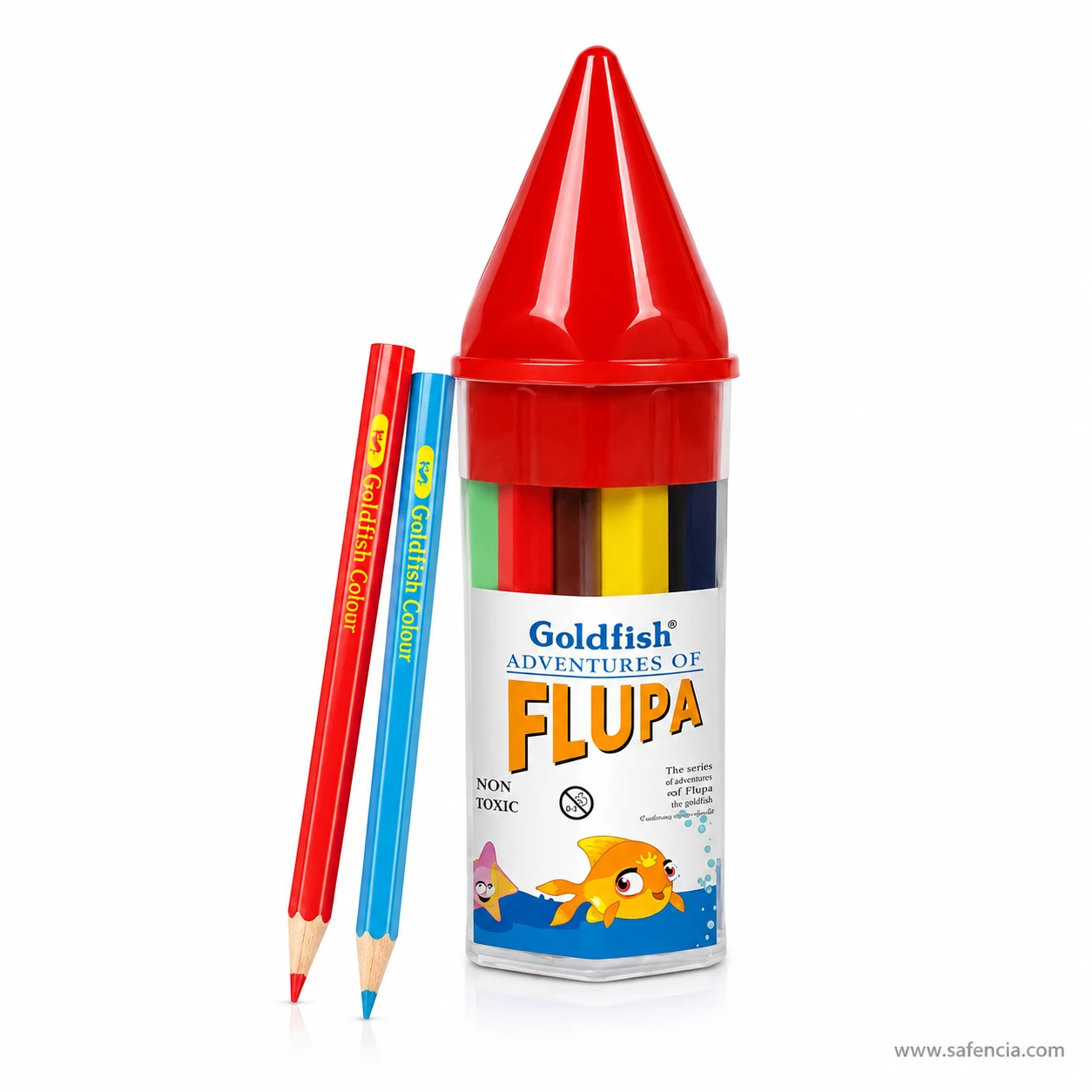 Goldfish Flupa colour pencils tube standing beside two short red and blue Goldfish Colour barrels on white