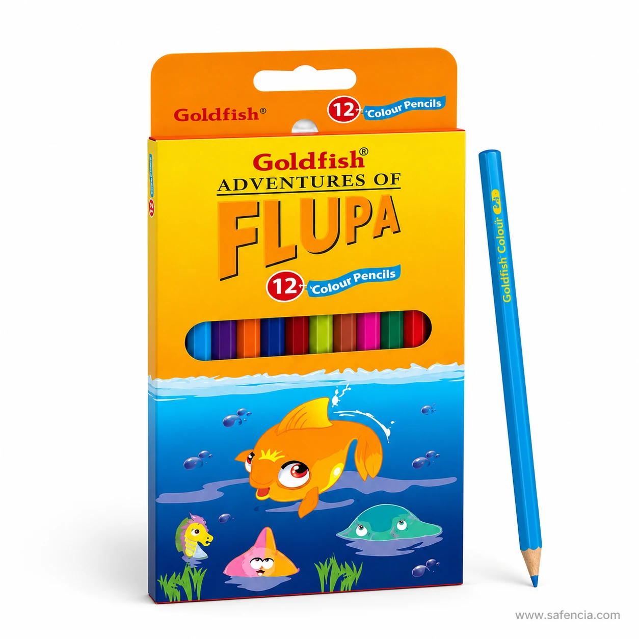 Angled view of the Goldfish Flupa 12 full size colour pencils box with the orange header and hang tab visible
