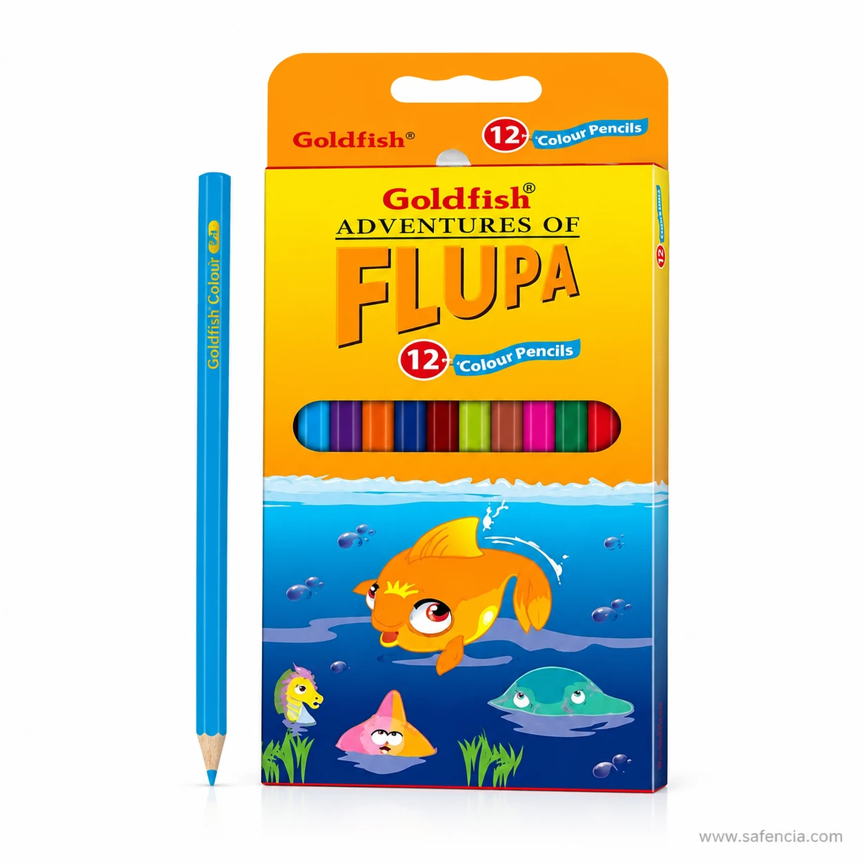 Goldfish Flupa colour pencils 12 pack showing the cut-out window across the front with the colours visible inside