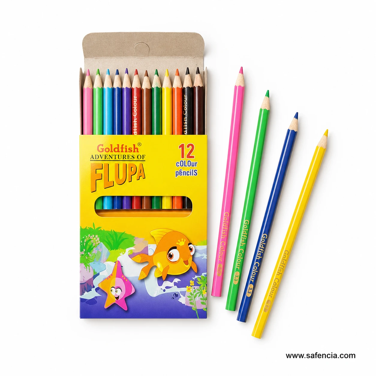 Goldfish Flupa half size colour pencils laid beside the open box with Goldfish Colour 3.3 printed along the barrels