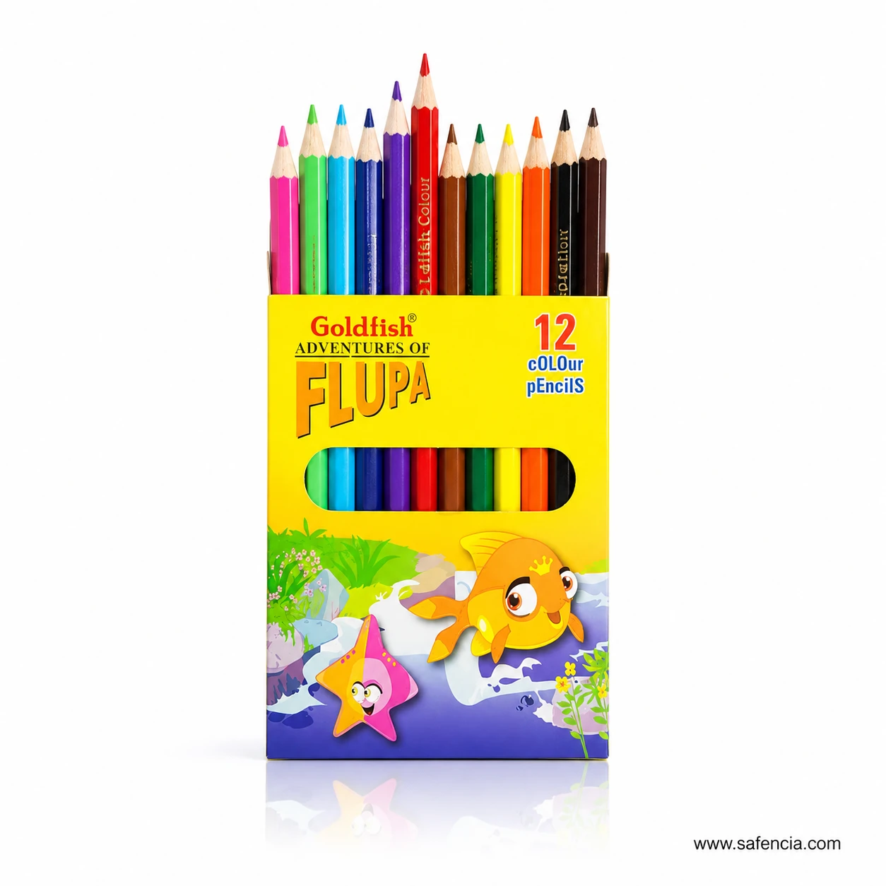 Goldfish Flupa half size colour pencils box upright showing the cut-out colour window and the pencil tips above