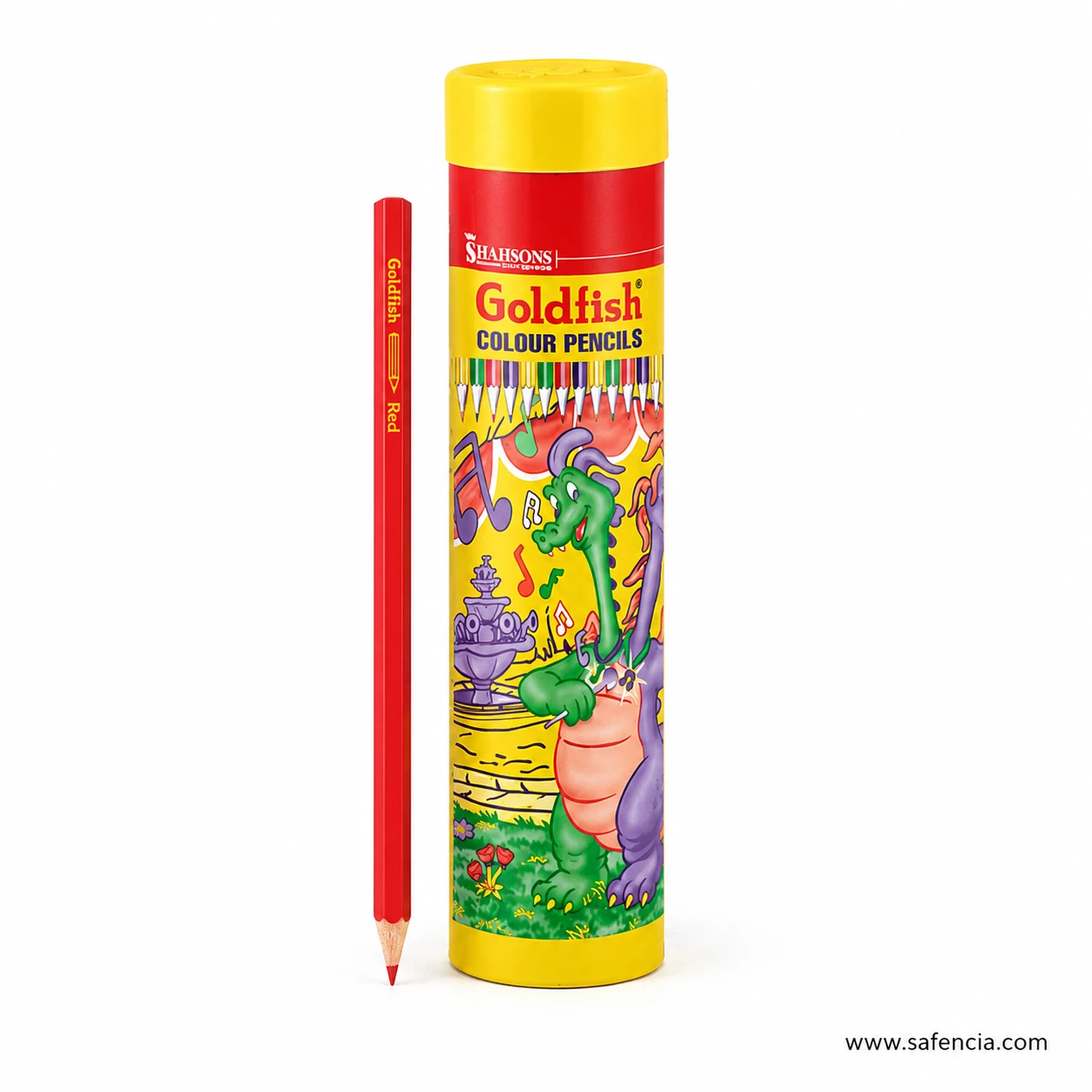 Goldfish colour pencils jar showing the Shahsons label with dragon artwork and the yellow screw cap on top