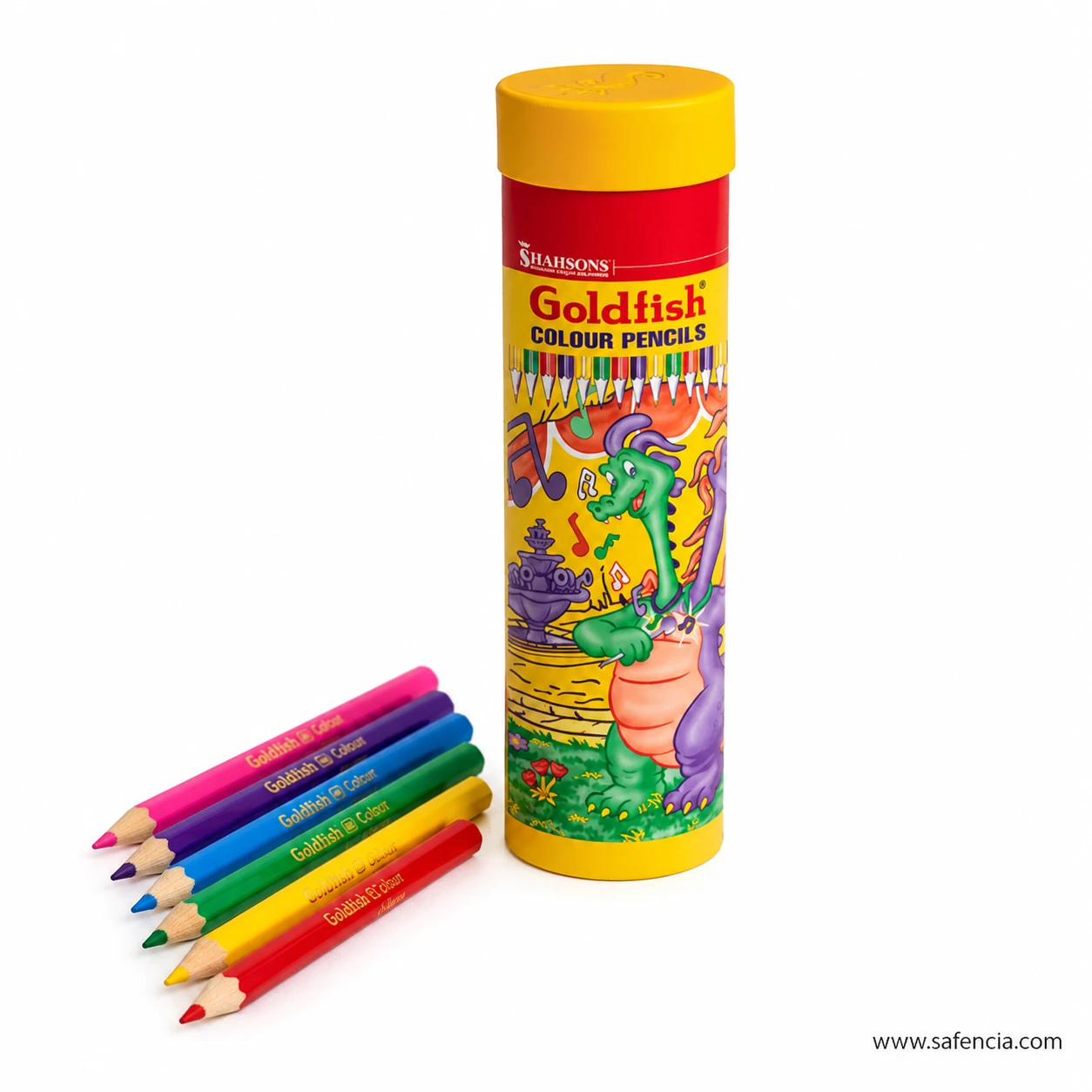 Goldfish colour pencils jar standing upright with six colour barrels laid diagonally beside it on a white background