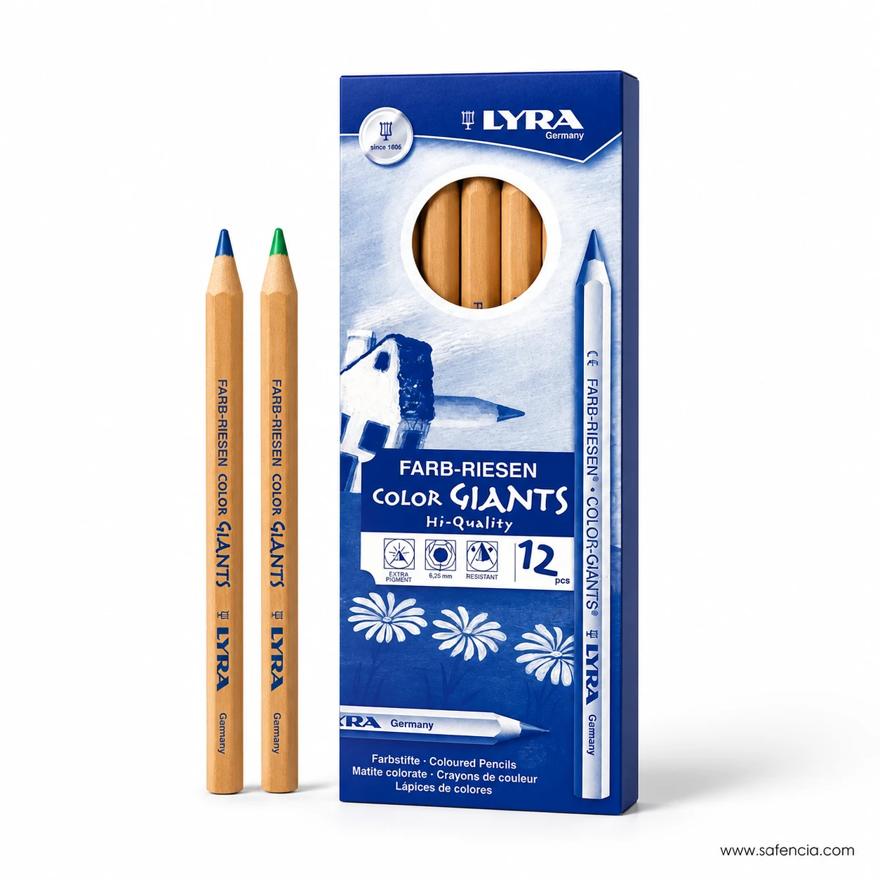 Lyra Color Giants coloured pencils box showing the 6.25 mm lead icon beside two thick natural wood barrels