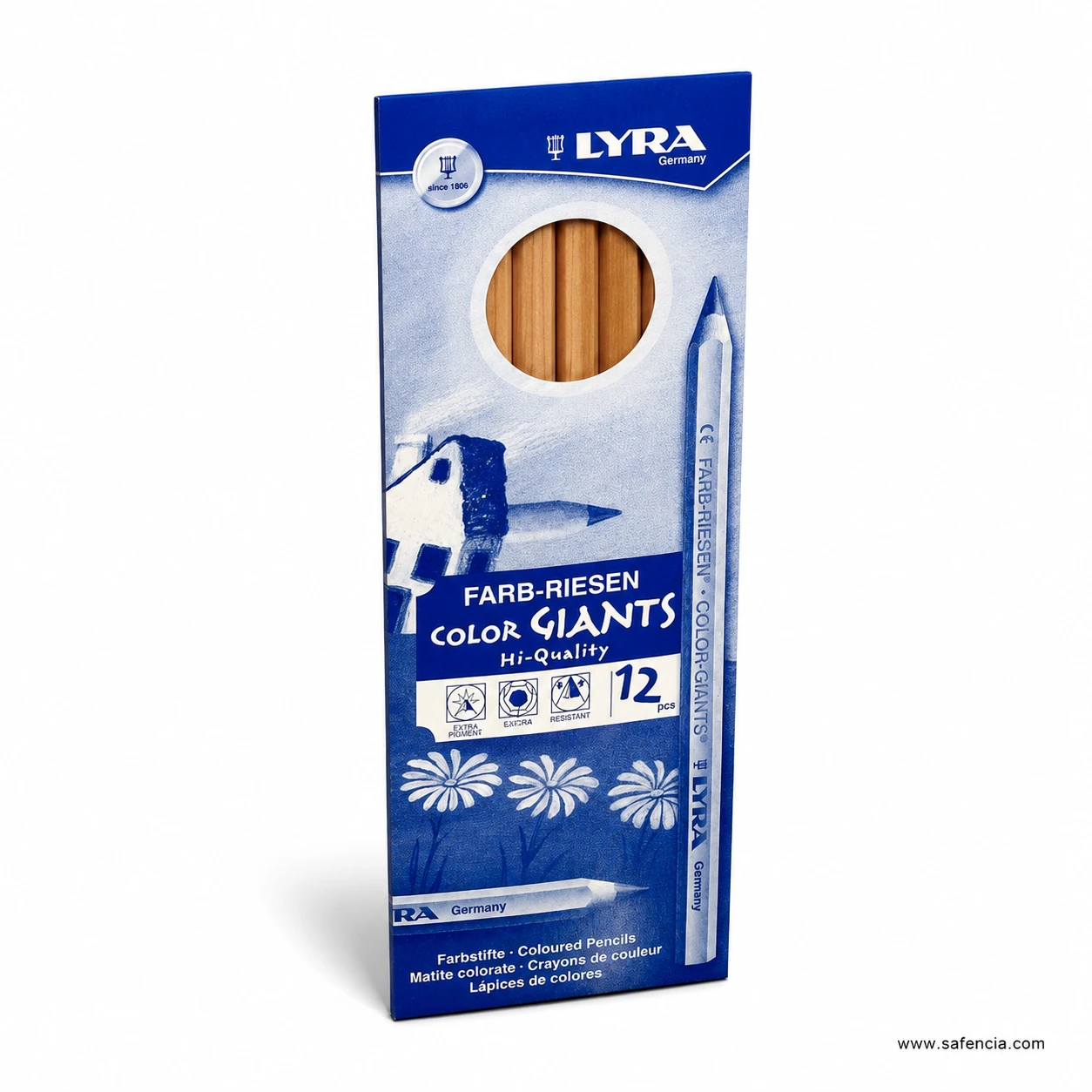 Lyra Color Giants coloured pencils pack upright with the cut-out window showing the natural wood barrels inside