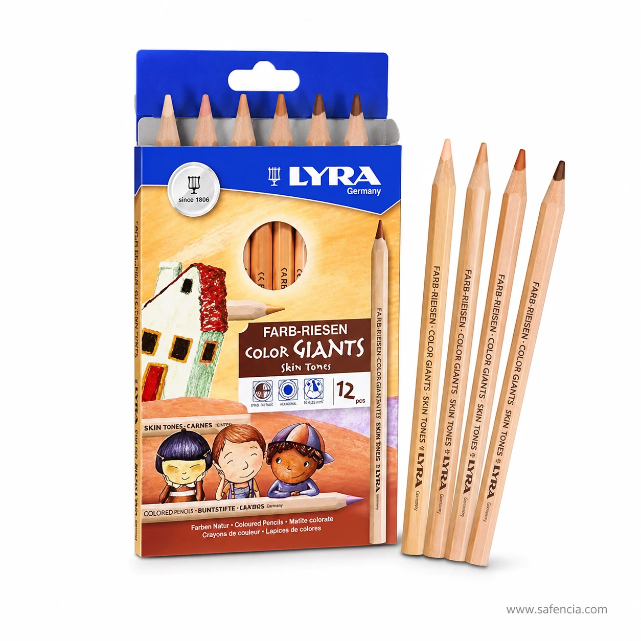 Lyra Color Giants Skin Tones pencils showing the sharpened tips ranging from pale cream to deep brown above the box