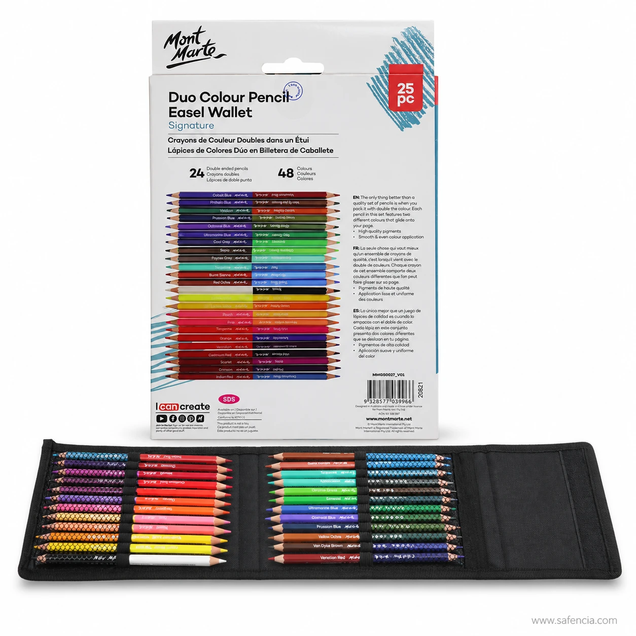 Mont Marte duo colour pencil wallet opened flat showing all double-ended pencils and the box back listing 48 colours