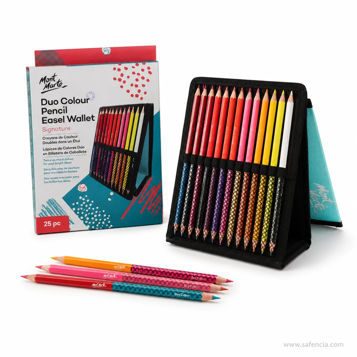 Detail of Mont Marte duo colour pencils showing two different colour ends and printed artists colour names on the barrels