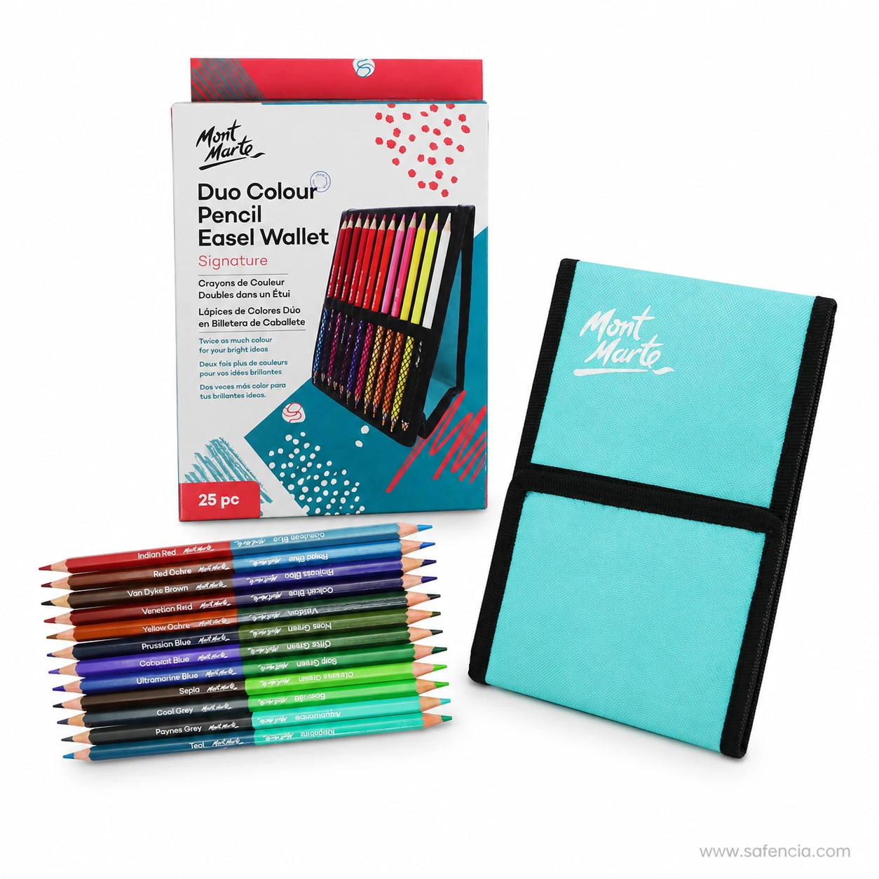 Mont Marte duo colour pencil easel wallet folded shut in teal fabric beside the box and a row of named pencils