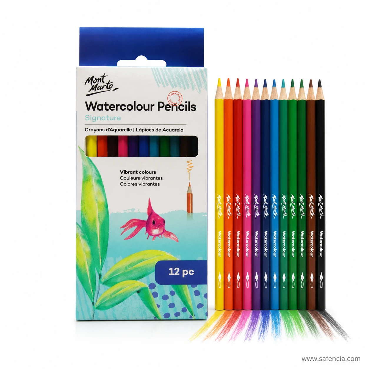 Mont Marte watercolour pencils barrels printed with the Watercolour name and brush symbol above drawn colour strokes