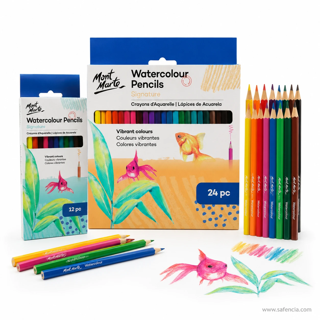 Mont Marte watercolour pencils shown with a painted goldfish and leaf study demonstrating the washed colour effect