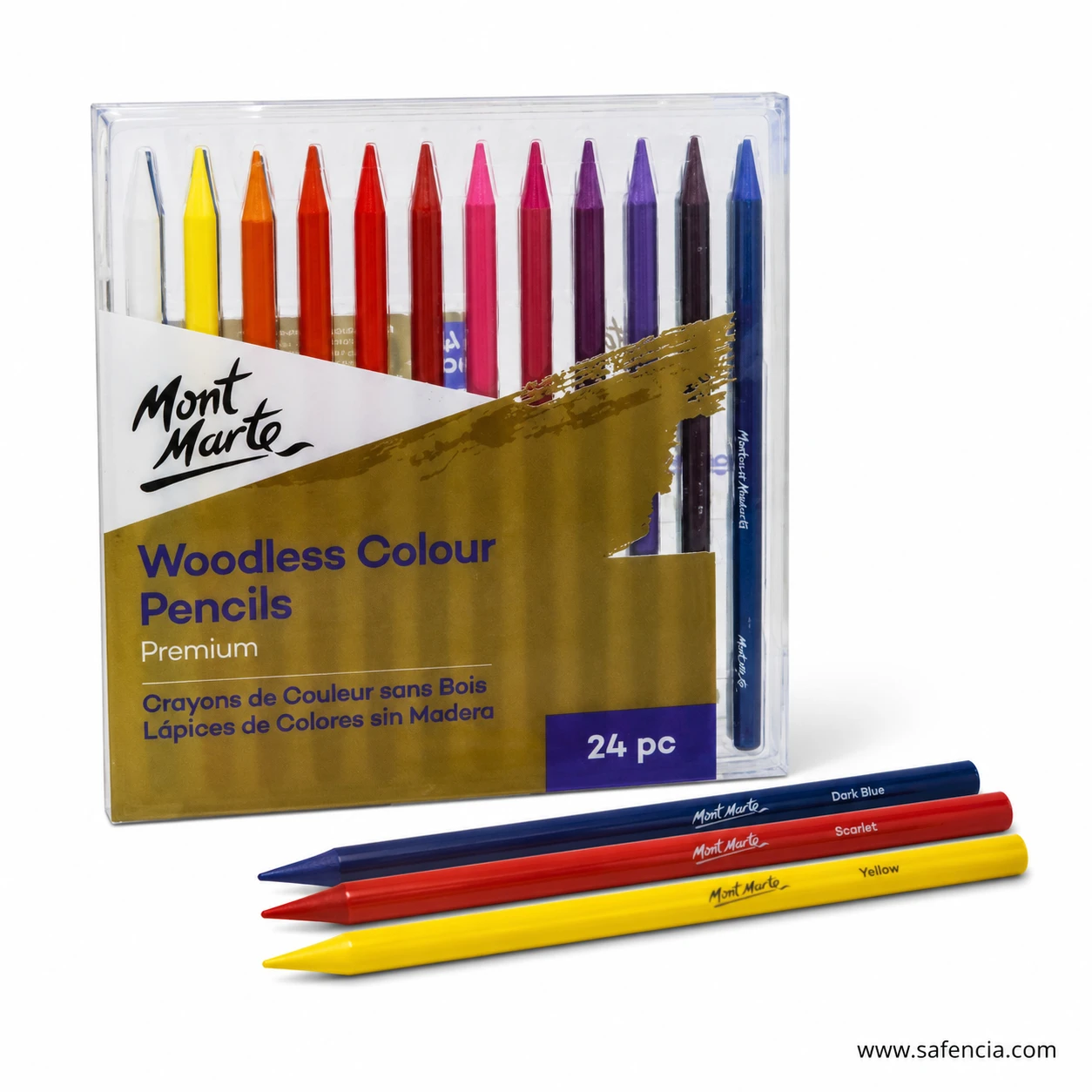 Mont Marte 24 premium woodless colour pencils laid out showing full lacquer coated spectrum