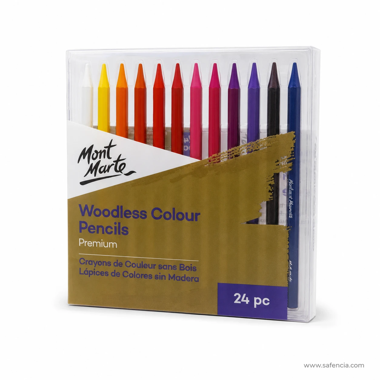 Mont Marte woodless colour pencils 24 pack showing the full row of lacquered pigment sticks in colour order inside the tray