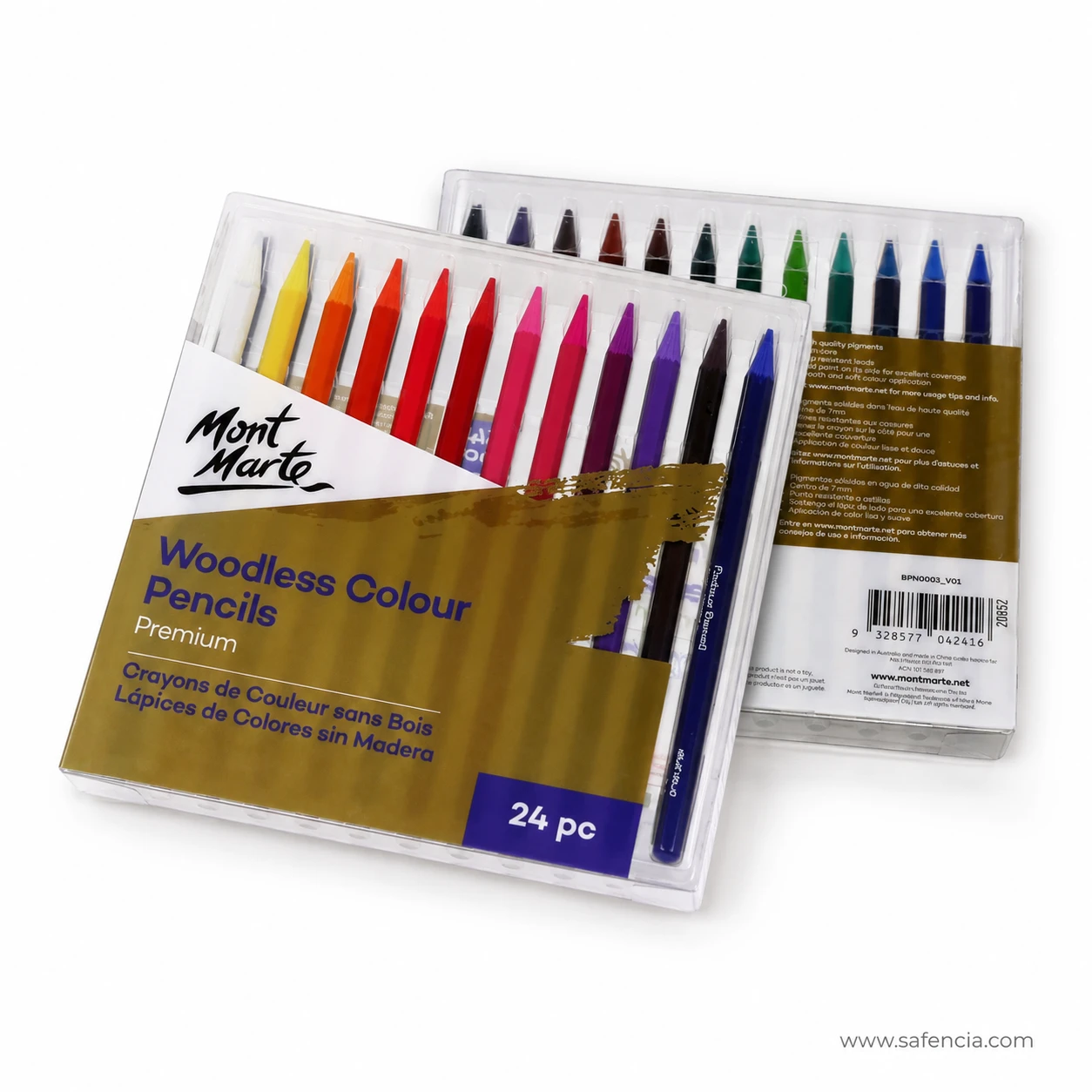 Mont Marte woodless colour pencils clear storage case photographed at an angle showing the hinged lid and the fitted tray of 24 sticks