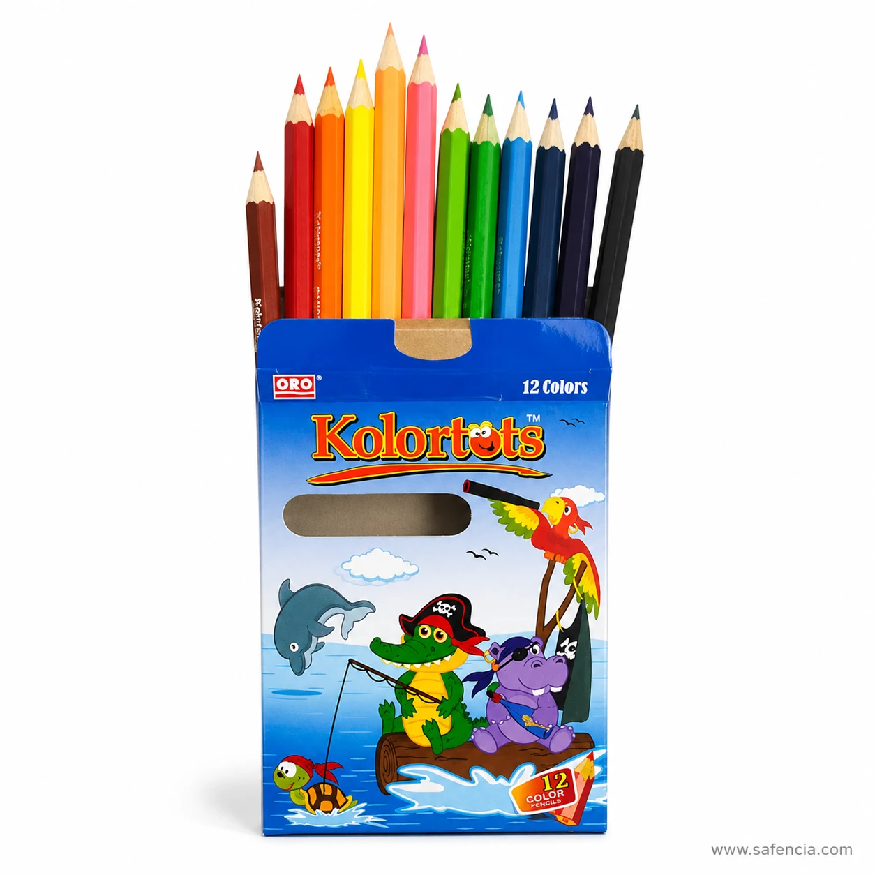 Oro Kolortots 12 colour pencils box showing the die-cut viewing window and the 12 Colors badge printed on the corner