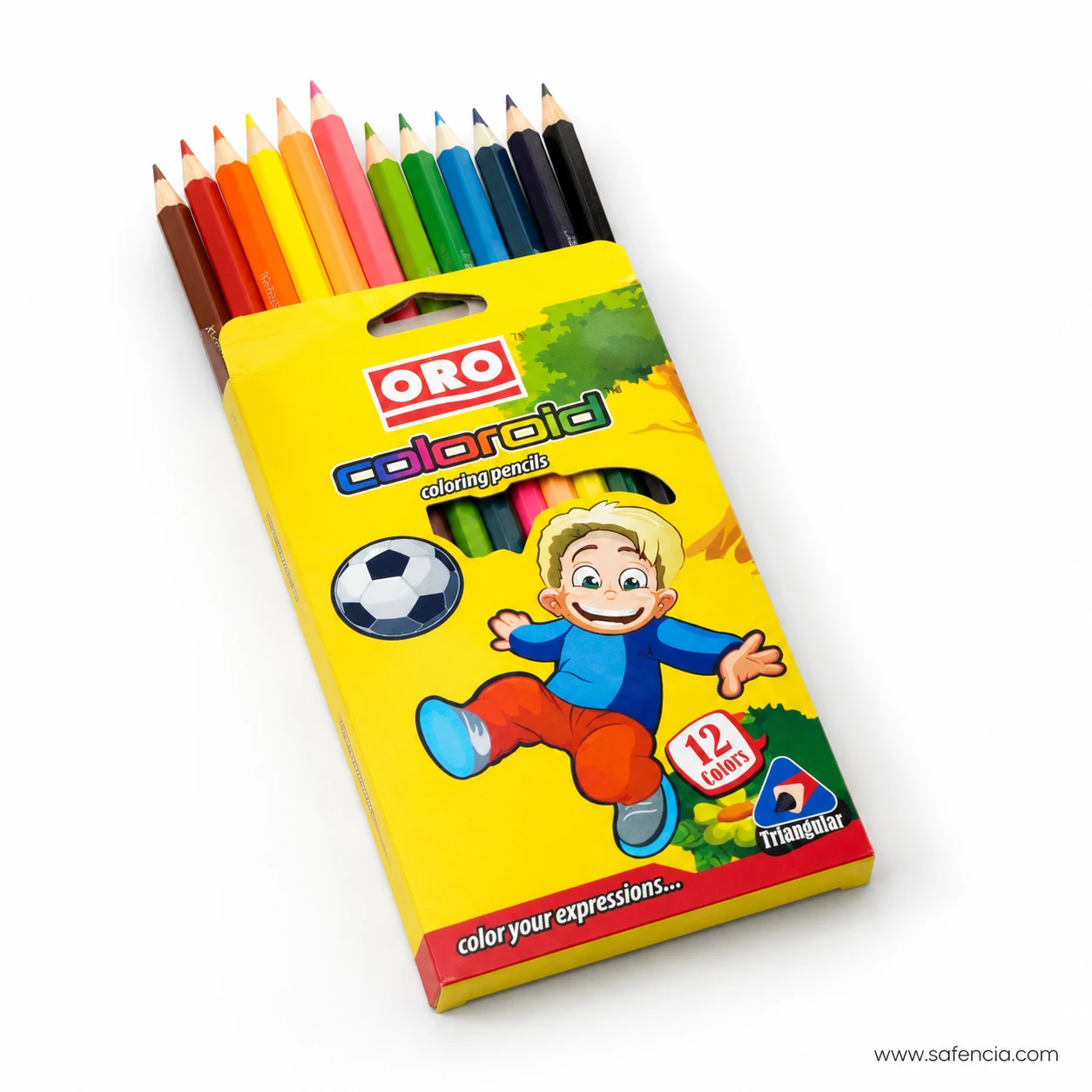Oro Coloroid colour pencils 12 colour yellow box open with the sharpened triangular barrels standing in the card tray