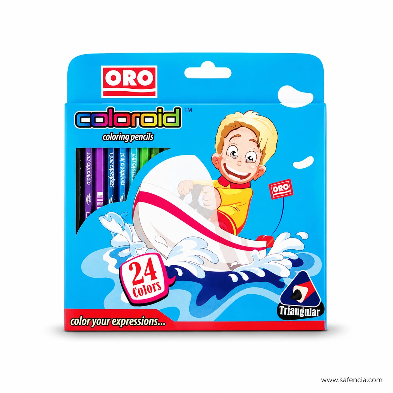 Oro Coloroid triangular colour pencils box front printed with the 24 colors badge and the color your expressions line