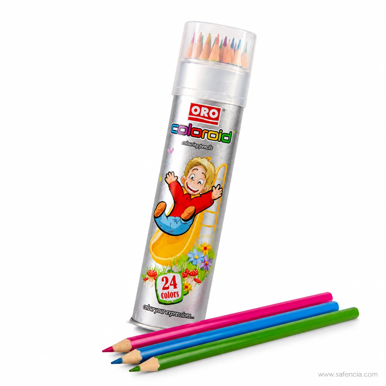 Oro Coloroid colour pencils tin printed with the 24 colors badge, shown upright with loose pencils in front of it
