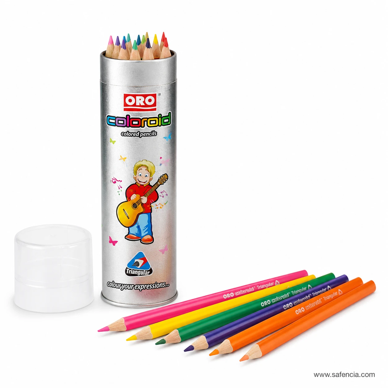 Oro Coloroid tin pack with the lid removed and a row of colour pencils laid out beside the printed metal tube