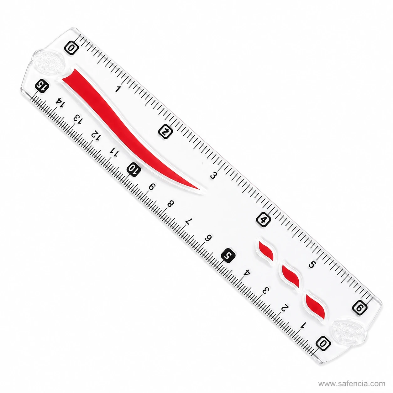 Sensa clear plastic ruler detail with bold black numbers red leaf accents and transparent edges