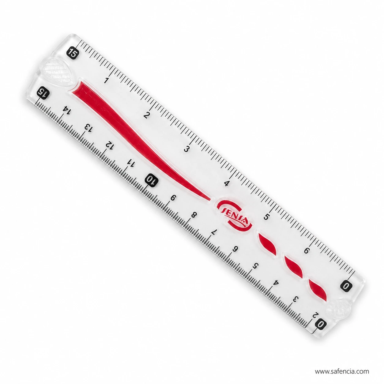 Clear Sensa six inch school ruler with red wave design and fine black measurement ticks