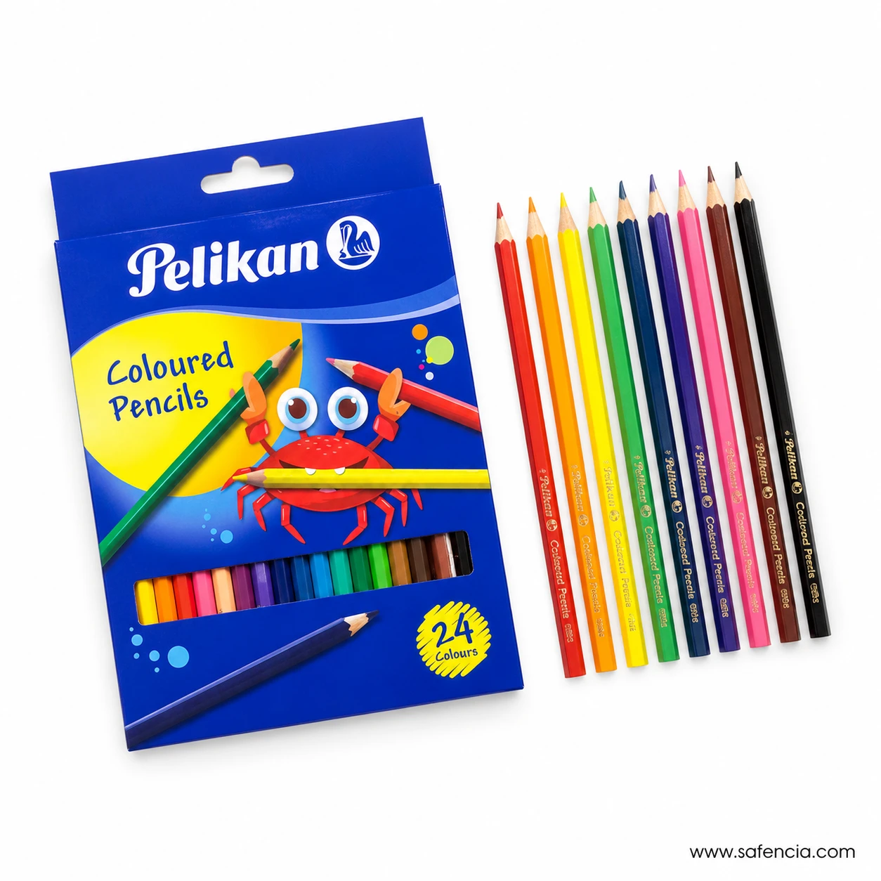 Pelikan coloured pencils 24 colour box beside a fanned row of hexagonal barrels in red, orange, yellow, green, blue and violet