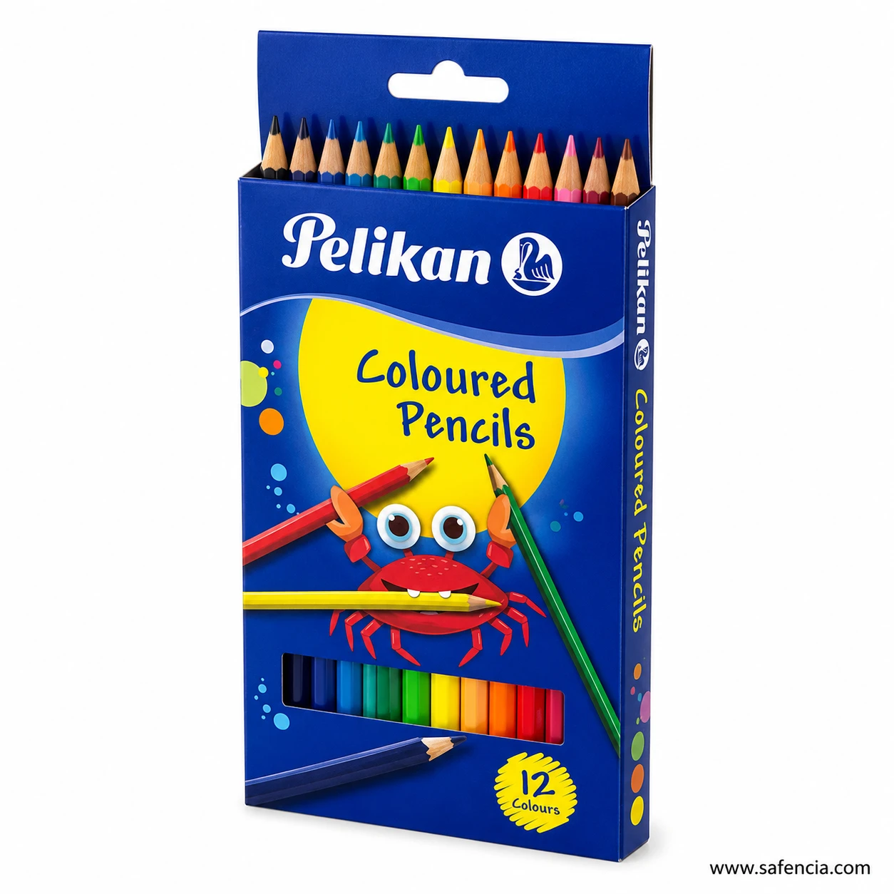 Pelikan coloured pencils set front view showing the printed crab artwork and the 12 colours badge on the box corner