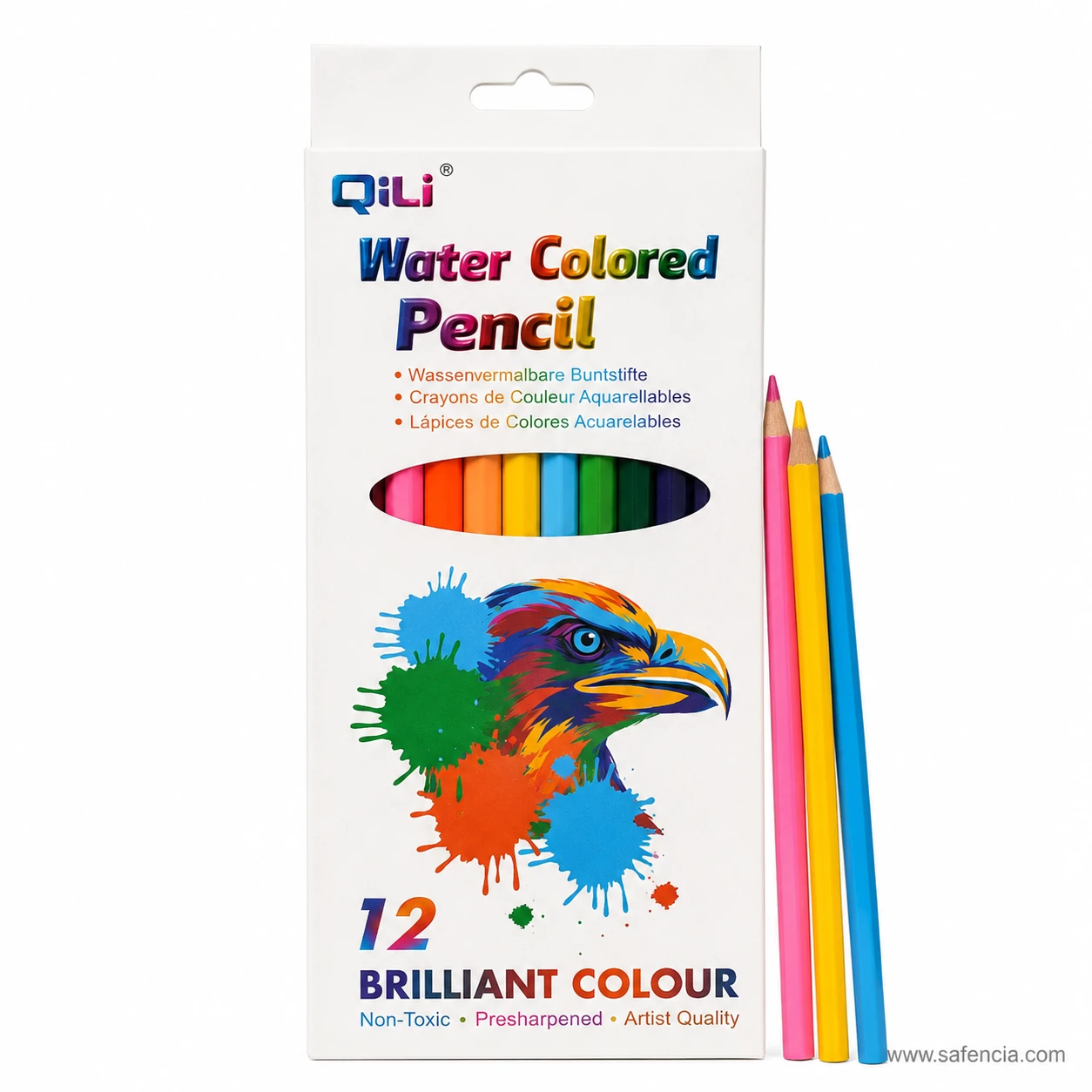 QiLi water coloured pencils pack front showing the eagle artwork, the twelve colour strip and three pencils standing at the side