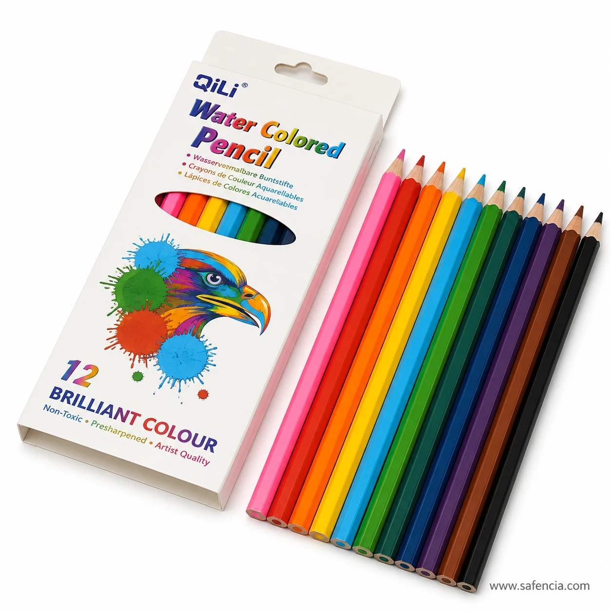 QiLi watercolour pencils set fanned out beside the open carton showing all twelve sharpened barrels in colour order