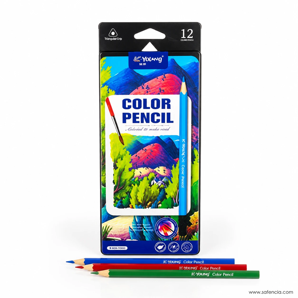 K-Young colour pencils shown as a row of twelve lacquered barrels with bare wood sharpened tips on a white background