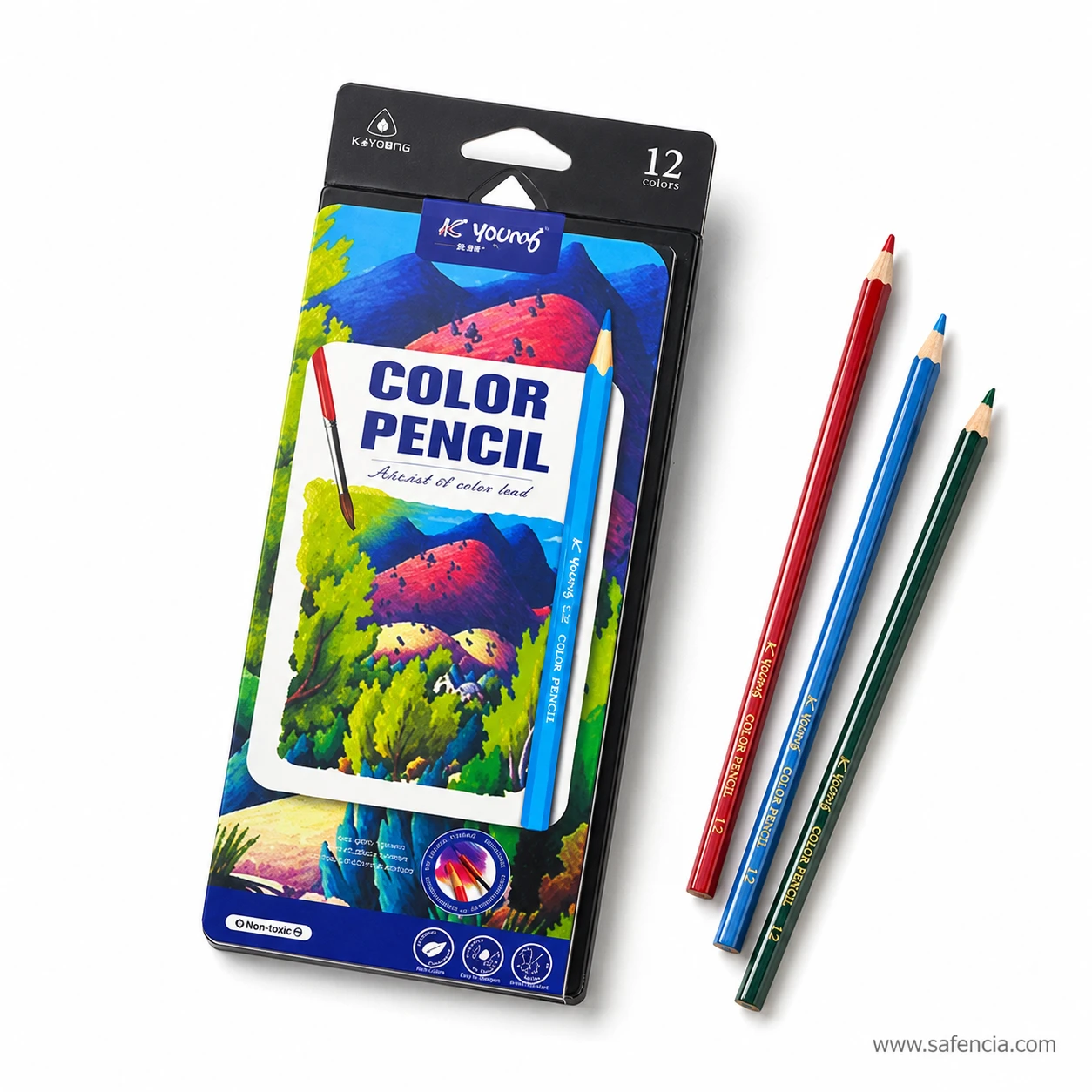 K-Young colour pencils pack front showing the painted mountain and lake artwork with three lacquered pencils beside it