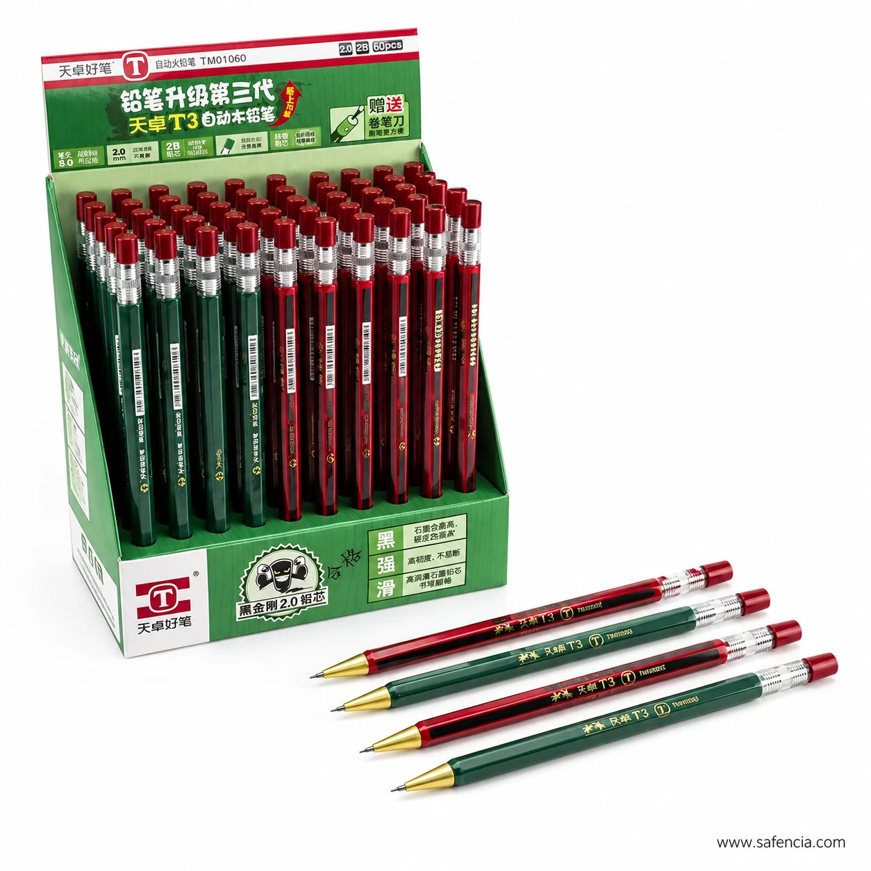 Four 2.0 mm clutch pencils standing upright showing the red push button, the metal jaw tip and the printed barrel