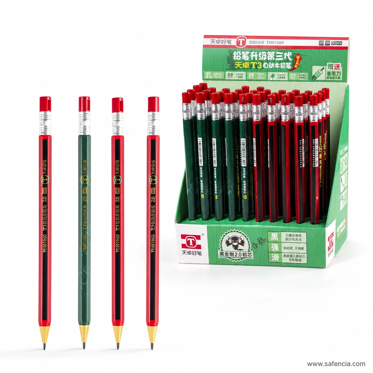 Close view of 2.0 mm clutch pencils beside the display box showing the exposed lead at the metal tip of each pencil