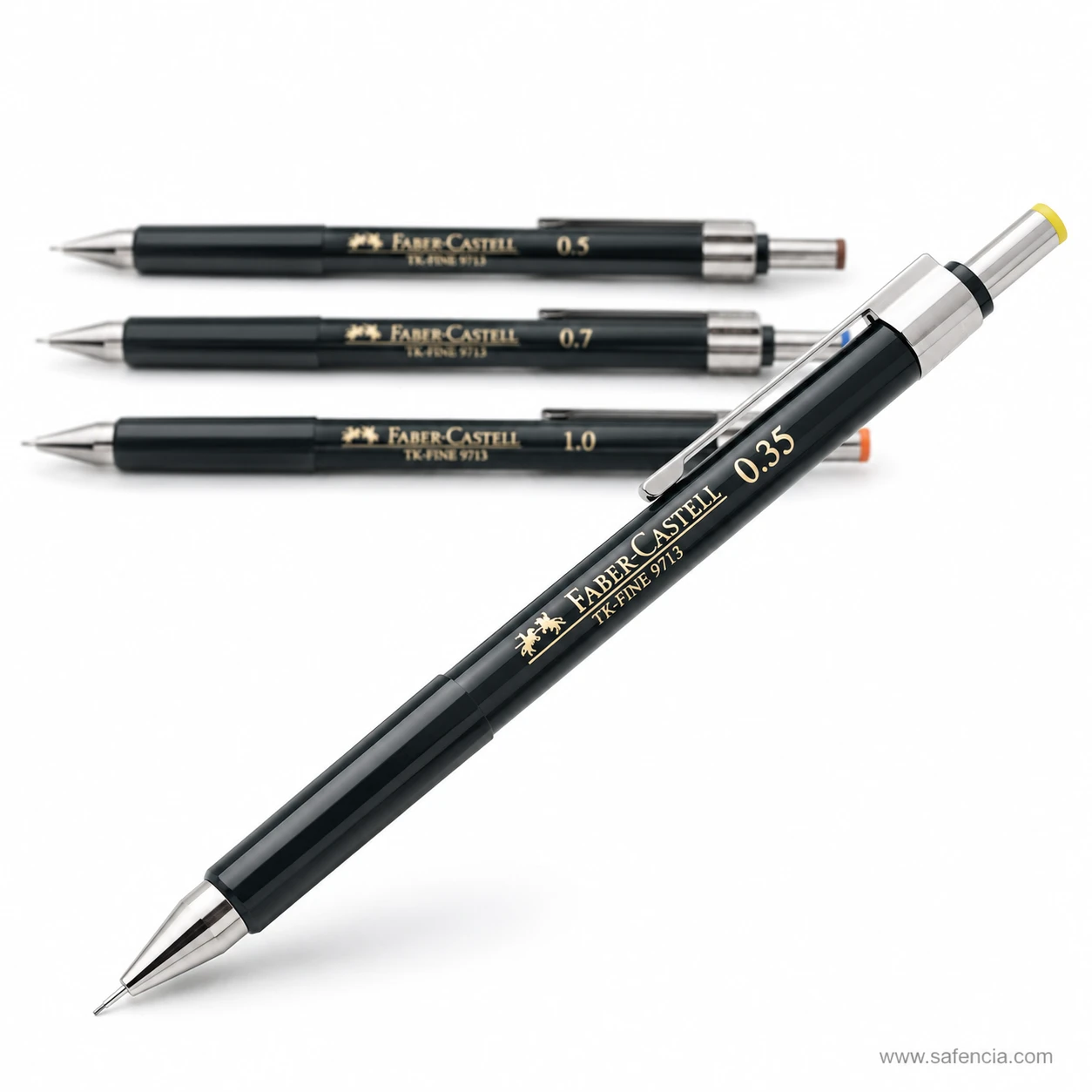 Faber-Castell TK-Fine mechanical pencil laid at an angle showing the knurled metal grip and the long thin guide sleeve at the tip