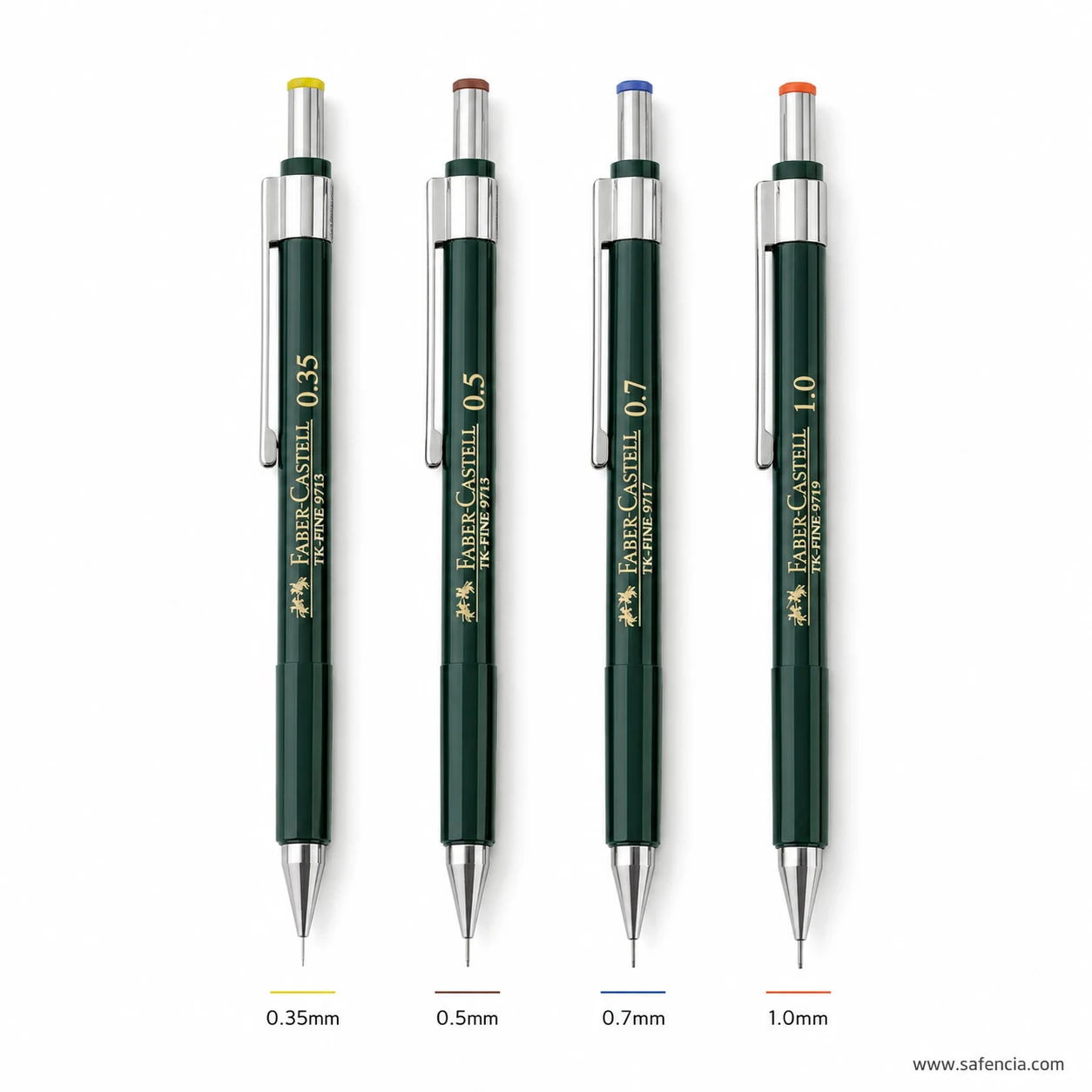 Faber-Castell TK-Fine pencils lined up with the lead sizes 0.35mm, 0.5mm, 0.7mm and 1.0mm marked beneath each barrel