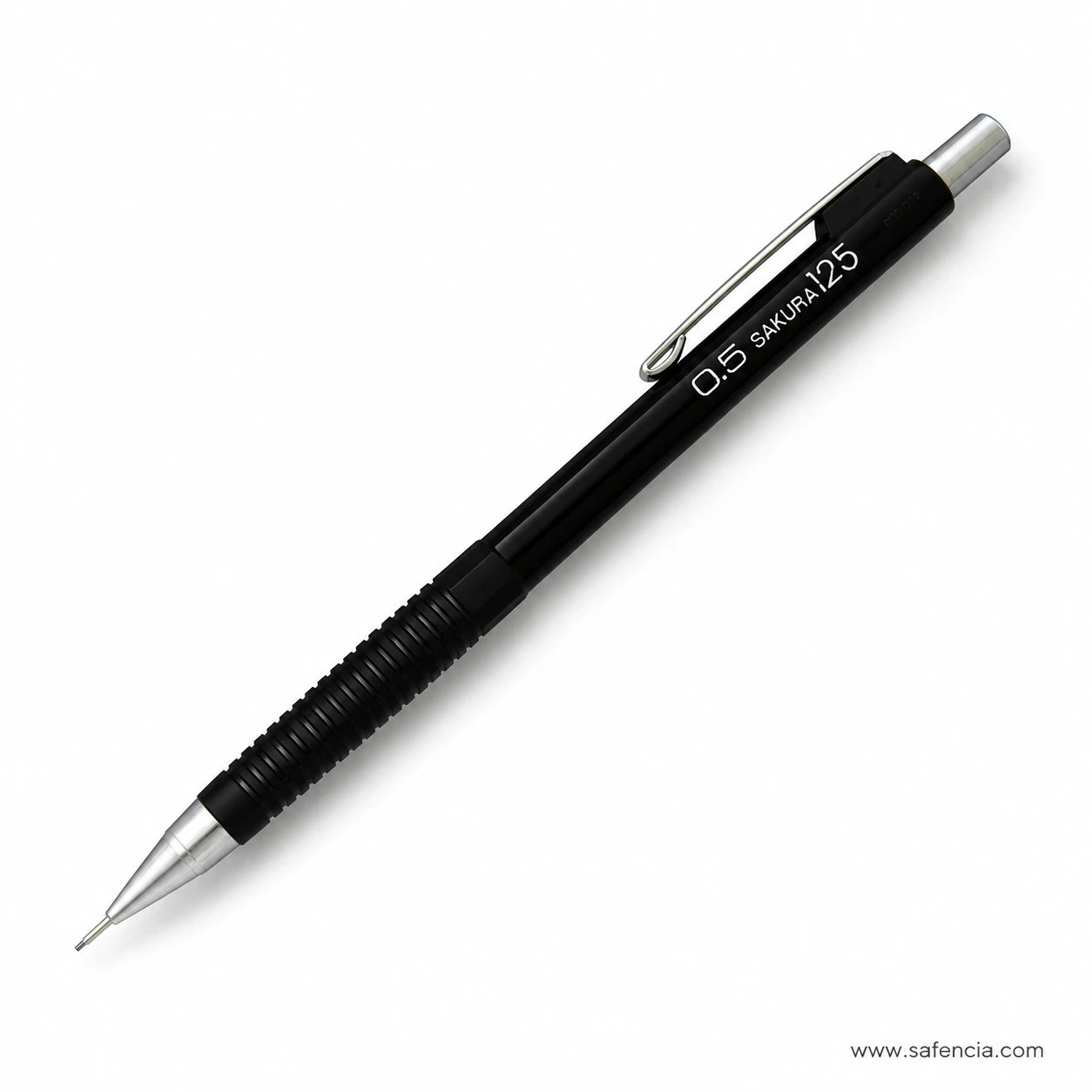 Sakura 125 mechanical pencil in black lying at an angle with the model name printed along the barrel