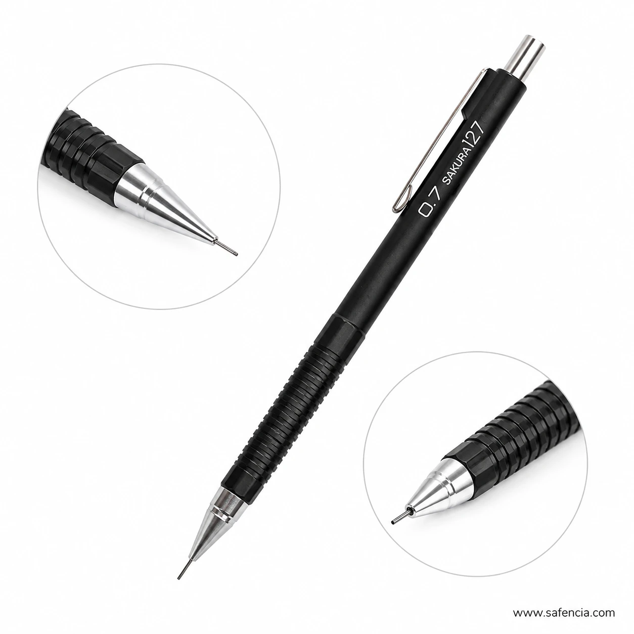 Sakura 125 mechanical pencil in black with an inset close up of the knurled metal grip and the guide pipe tip