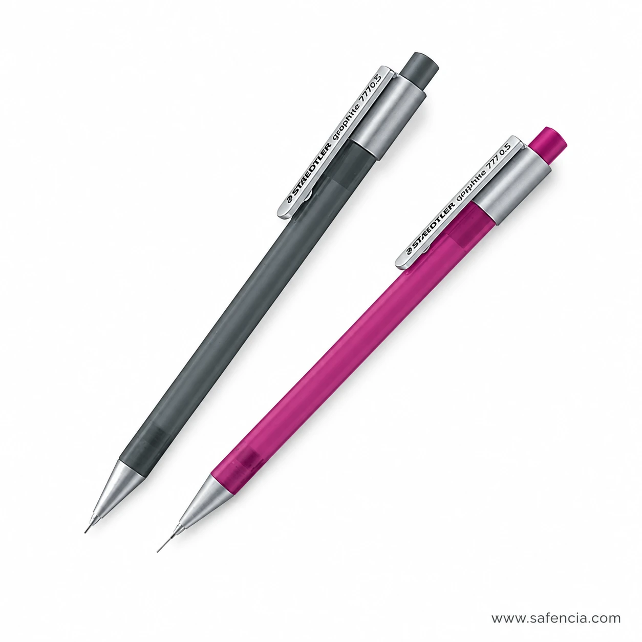 Staedtler Graphite 777 pencil laid flat with a second standing behind it showing the printed model name along the barrel