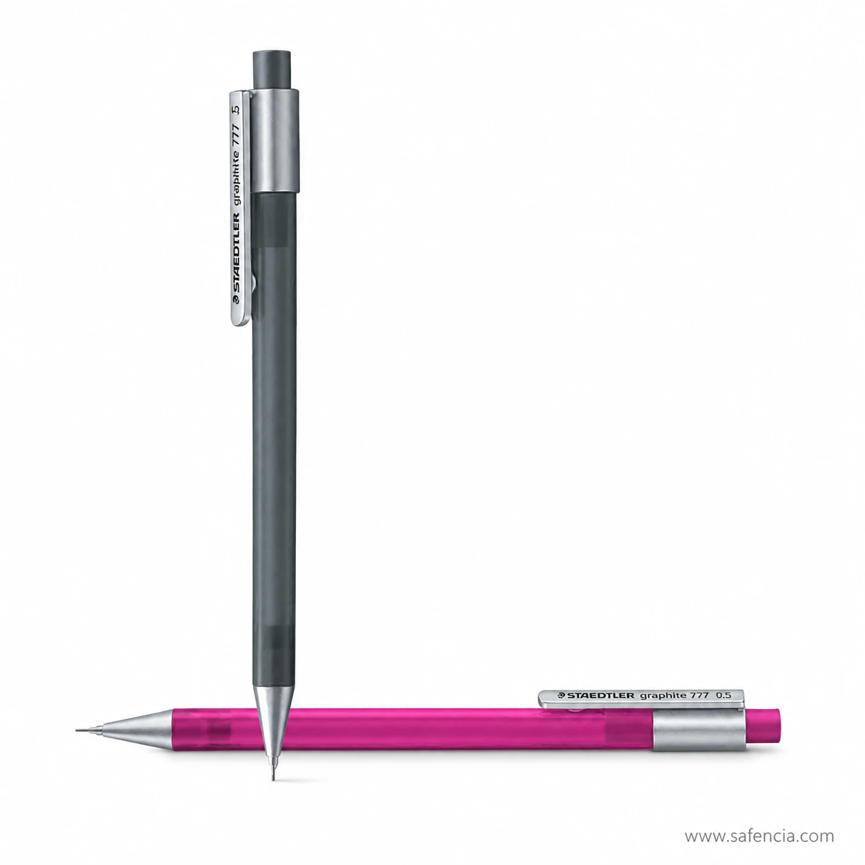Staedtler Graphite 777 mechanical pencils in grey and pink upright on a white surface with soft shadows behind them