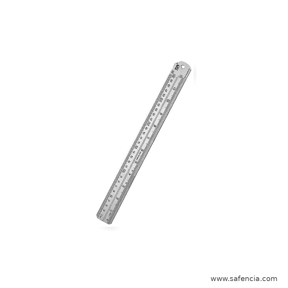 Twelve inch Sensa silver metal ruler photographed at an angle with measurement markings visible