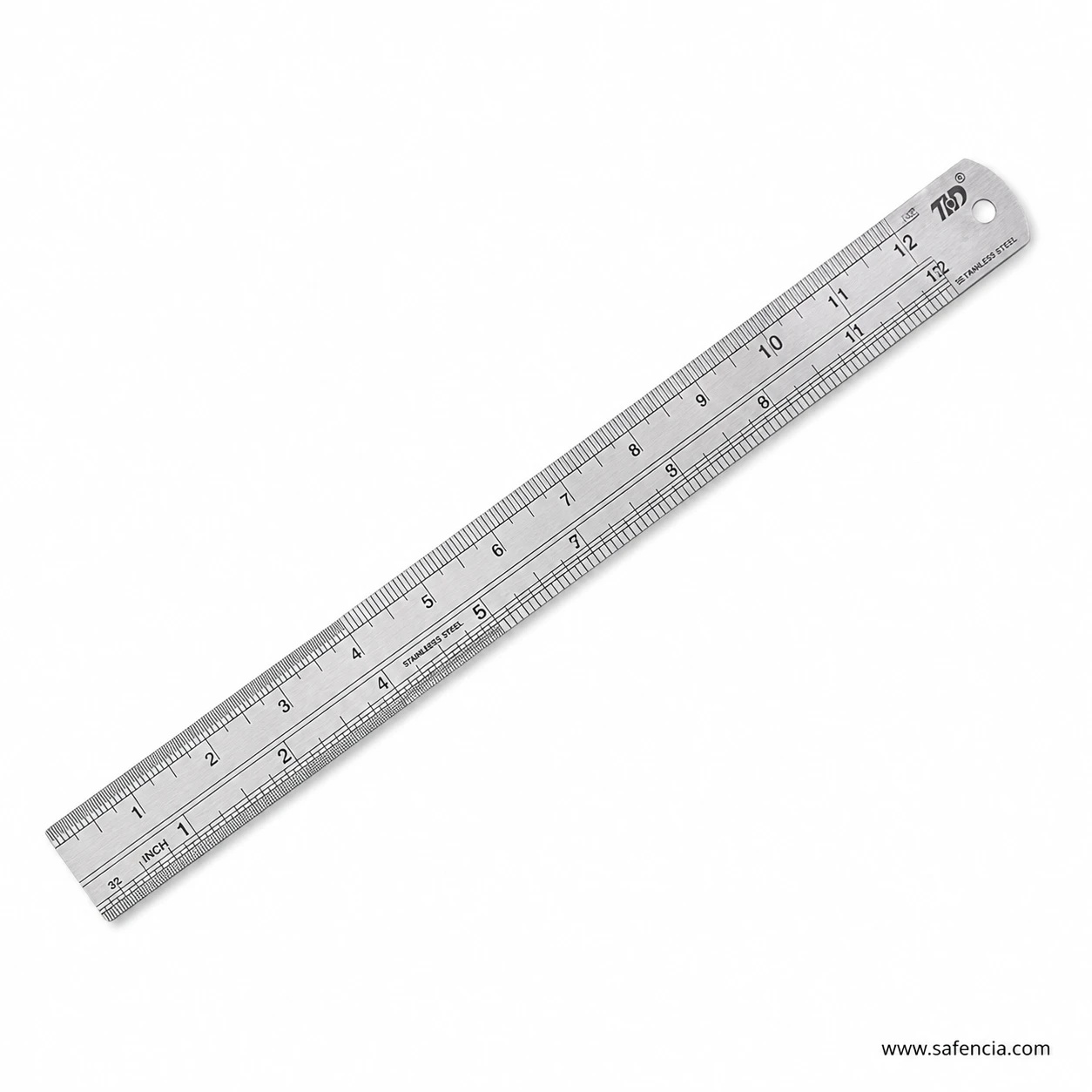 Silver Sensa 12 inch steel ruler detail showing inch scale metric ticks and storage hole