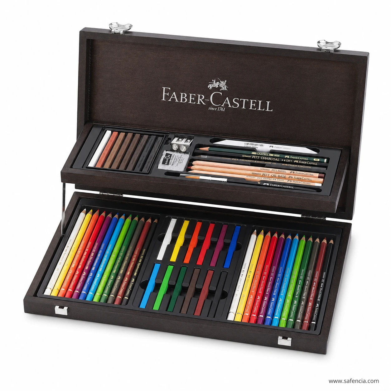 Faber-Castell Art and Graphic Compendium drawer pulled out showing rows of artists colour pencils and pastel sticks