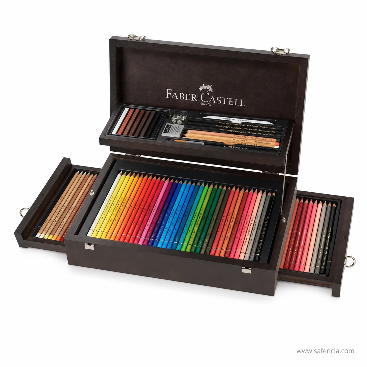 Faber-Castell Compendium 125 piece case photographed from the side with the drawers extended on both sides of the box