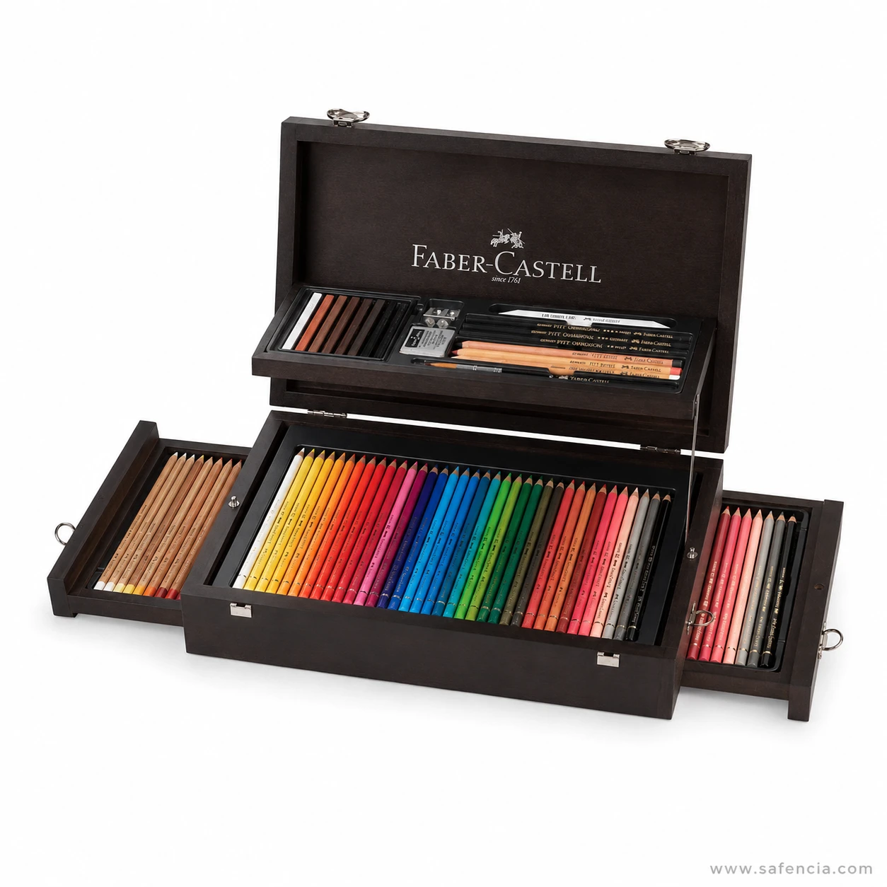Faber-Castell Compendium 125 piece wooden case with all three drawers pulled out showing the full colour pencil range
