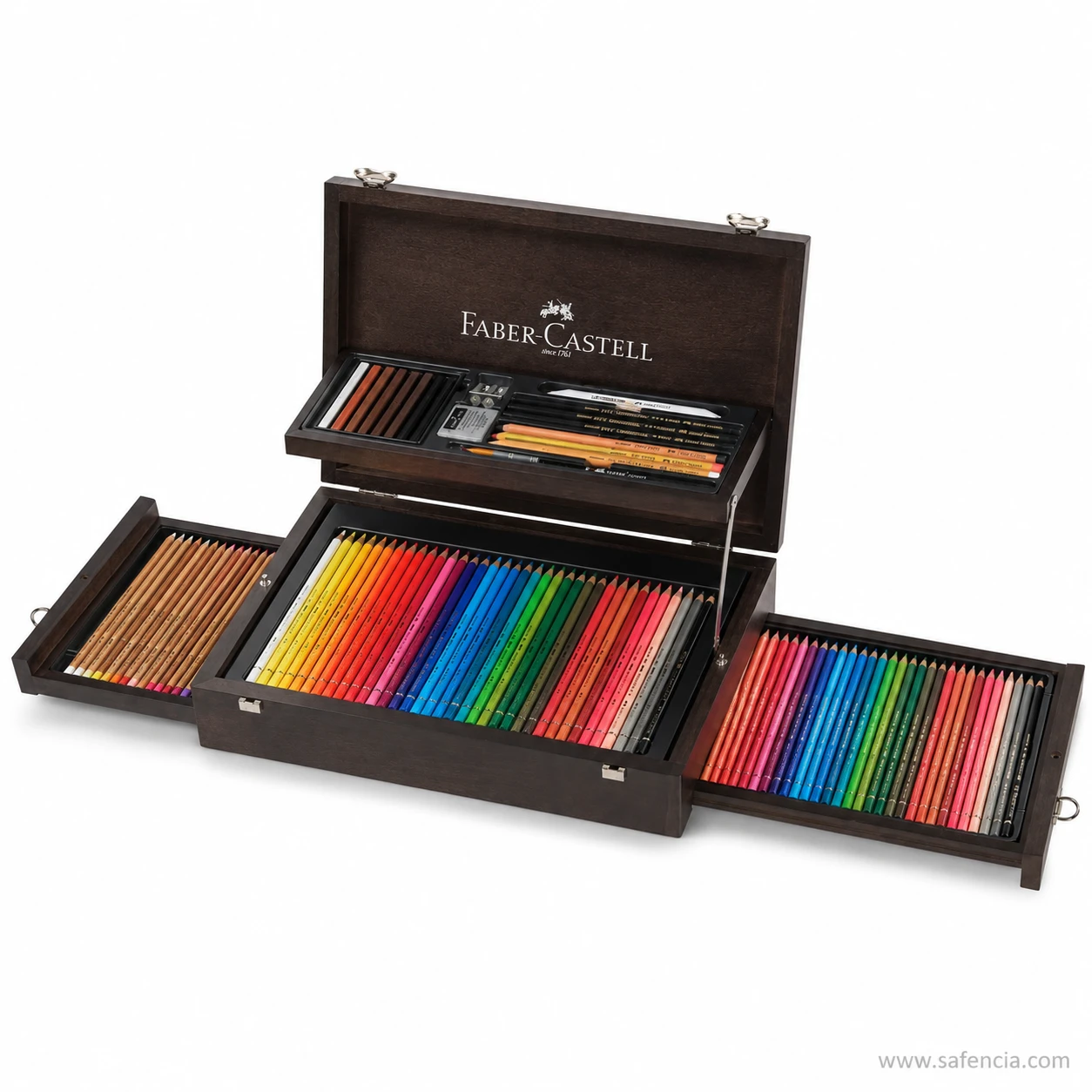 Faber-Castell Compendium 125 piece case fully open showing the monochrome tray and every colour pencil drawer laid flat